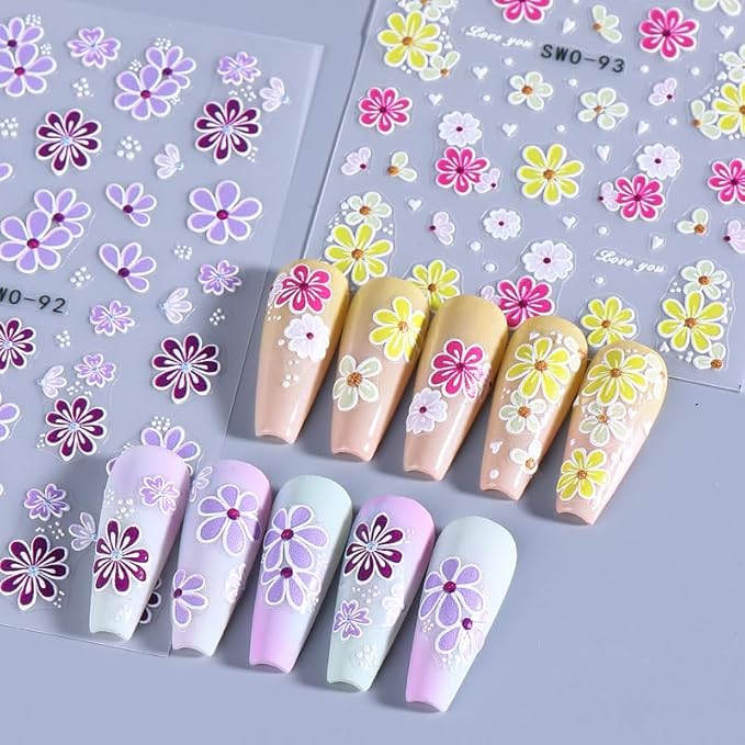 3 Sheets Colored Daisy Nail Art Stickers 3D Self-Adhesive Golden Hot Stamping Butterflies Design Spring Cherry Blossom Nail Decals for Women Girls Summer DIY Manicure Decoration