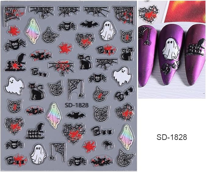 6 Sheets Halloween Nail Stickers for Nail Art, 5D Embossed Self-Adhesive Ghost Pumpkin Spider Web Nail Decals, Castle Nail Supplies Nail Art Design Accessories for Women Girls Manicure DIY Decoration
