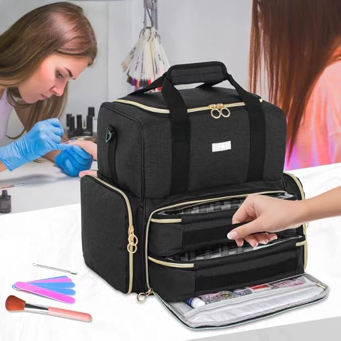 Nail Polish Organizer Holds 80 Bottles and a Nail Lamp,Nail Polish Carrying Case with 2 Removable Bags,Nail Organizers and Storage for Nail Tech,Portable Nail Polish Holder for Nail Supplies,Black
