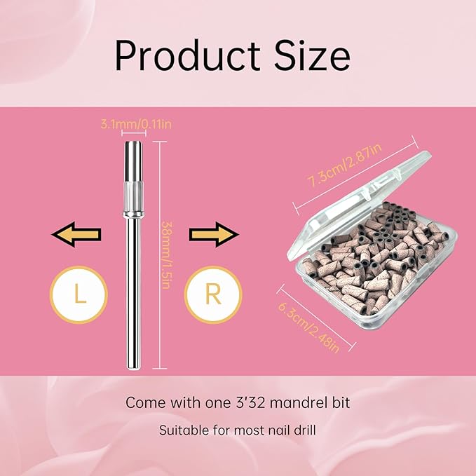Sanding Bands for Nail Drill Nail Drill Bits Set, Corfulra Upgraded Small Sanding Bands with Mandrel Bit, 100 pcs 150 Fine Grits for Natural Nail, Nail Accessories of Nail Tech Must Haves, White