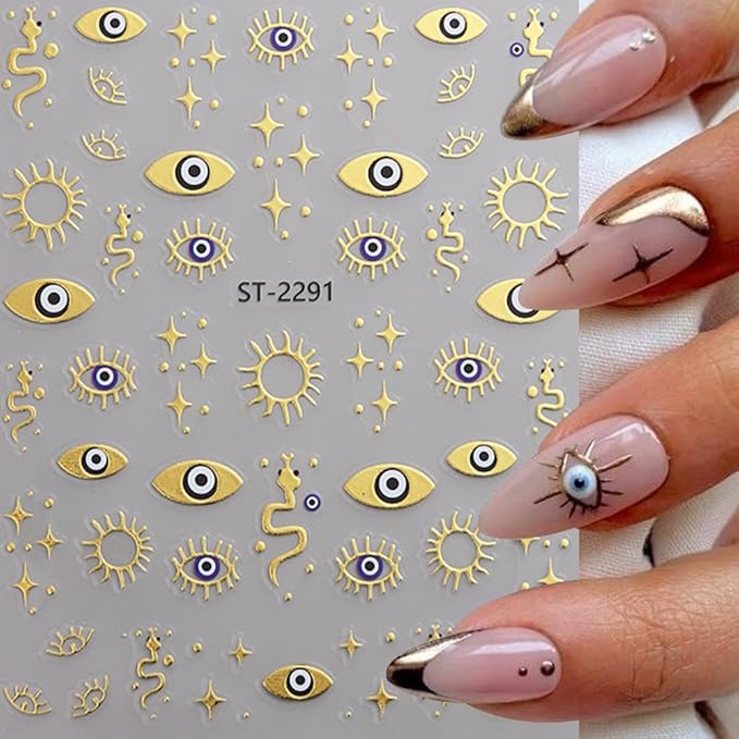 3 Sheets Evil Eye Gold Nail Stickers for Nail Art, 3D Self-Adhesive Star Eye Sun Snake Nail Decals, Nail Supplies Nail Art Design Accessories for Women and Girls Manicure DIY Decoration