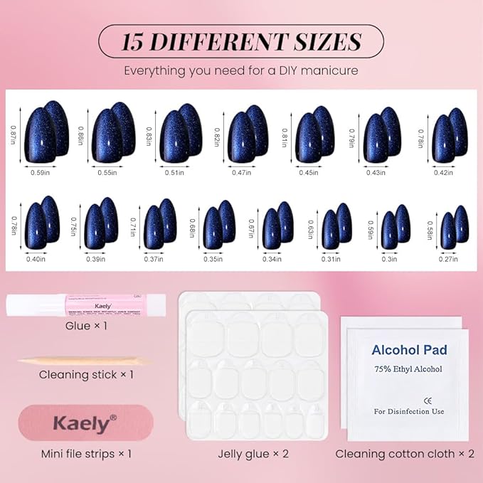 evpct Dark Blue Press on Nails Almond Short, Royal Blue Cat Eye Glitter Press on Nails for Women Gift, Soft Gel Press Glue On Nail with Nail Glue, Full Cover, 30Pcs Reusable Acrylic Fake Nails Kit