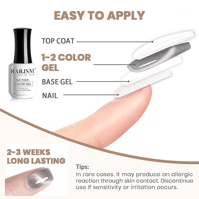 RARJSM Silver Cat Eye Gel Nail Polish 9D Cateye Galaxy Universal Glitter Shimmer Velvet Ice Gel Polish Single Bottle 15ml with Magnetic Stick UV LED Curing Requires Soak Off Home Salon DIY Manicure