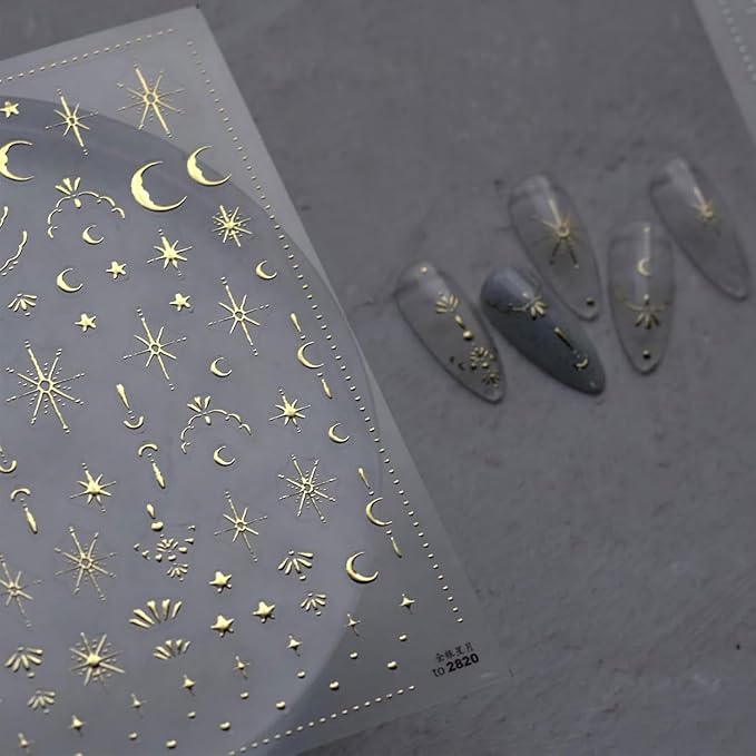 2 Sheets 3D Nail Stickers Star Moon Nail Art Decals Gold Silvery Nails Supplies Self-Adhesive Manicure Supplies for Women