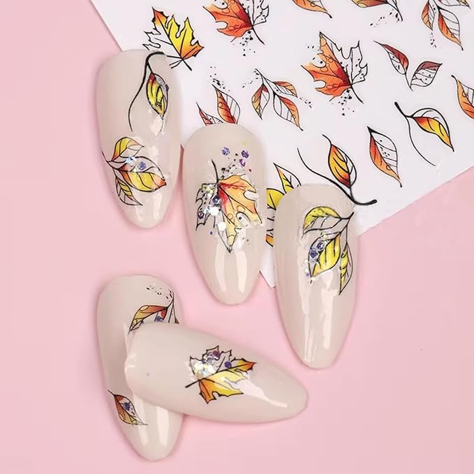 Fall Nail Art Stickers Decals 6Pcs Maple Leaves Nail Art Decals 3D Self-Adhesive Yellow Fallen Leaves Nails Stickers Cute Thanksgiving Day Manicure Sliders for Women Acrylic Nails Art Decorations