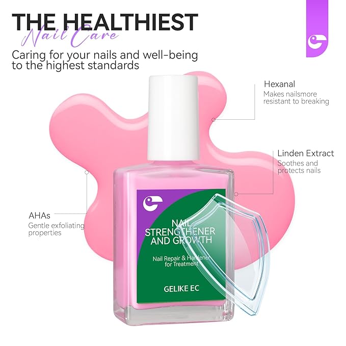 Nail Polish Strengthener and Growth Treatment: Pink 15ml Gelike EC Natural Nail Hardener Extra Strong and Growth - Long Lasting Nail Repair for Damaged Nails - For Daily Work Home Salon