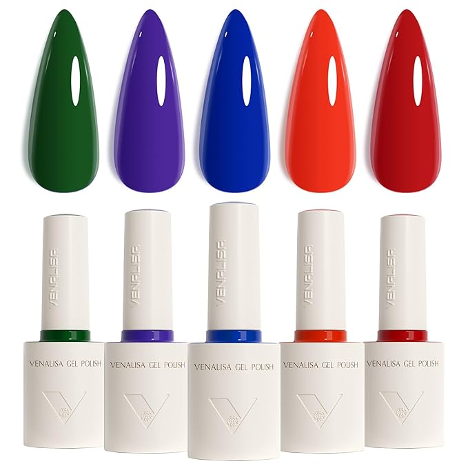 VENALISA Gel Nail Polish Set, 5 Colors 10ML Gel Polish Kit Red Orange Purple Dark Green Navy Blue Color Soak Off Salon Manicure DIY at Home Nail Art For Girls Women