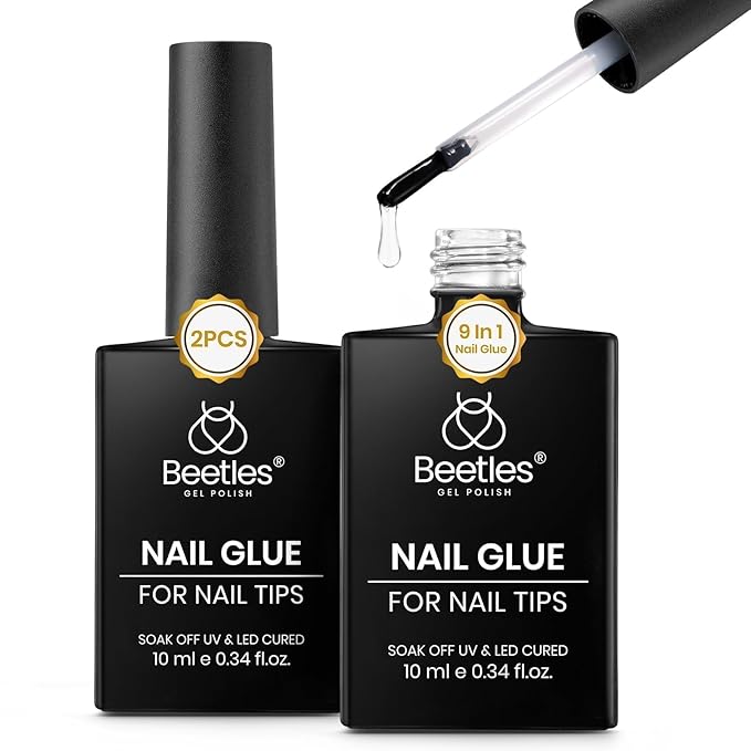 Beetles 9 in 1 Gel Nail Glue for Acrylic Nails Tips, 2 Pcs 10ml Super Strong Nail Glue for Clear False Nails Tips Base Coat Rhinestones Blooming Art Christmas Nails Long Lasting U V Light Cure