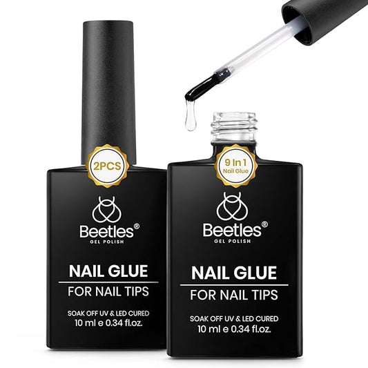 Beetles 9 in 1 Gel Nail Glue for Acrylic Nails Tips, 2 Pcs 10ml Super Strong Nail Glue for Clear False Nails Tips Base Coat Rhinestones Blooming Art Christmas Nails Long Lasting U V Light Cure