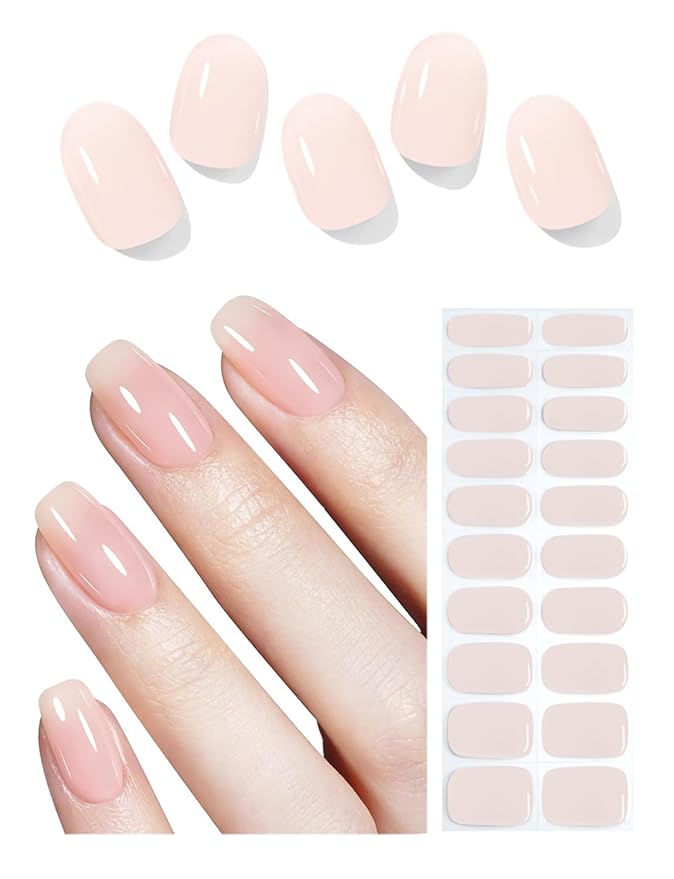 Semi Cured Gel Nail Strips, Natural Color, Jelly Nude, Easy to Use and Remove, 20pcs Gel Nails Sticker for Home Nails DIY