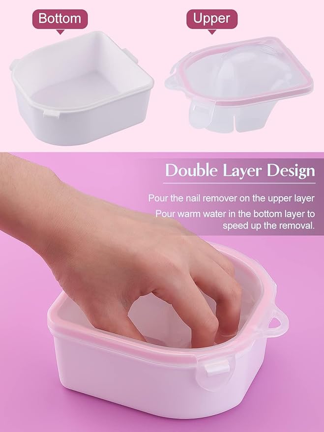 8PCS Nail Soaking Bowl Lorvain Nail Soak Tray with 6PCS Nail Polish Remover Tools Manicure Bowls with Cuticle Peeler Pusher Cutter and Nail Files Professional Nail Art Spa Tools for Salon Home (Pink)