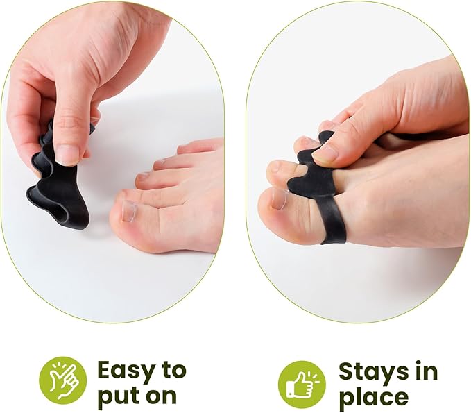 Bukihome Toe Separators, 4 Pair Soft Gel Toe Spacers to Correct Bunions, Toe Stretcher for Therapeutic Relief from Plantar Fasciitis, Claw Toes,Hammer Toes, Foot Pain for Women & Men (Black+M)
