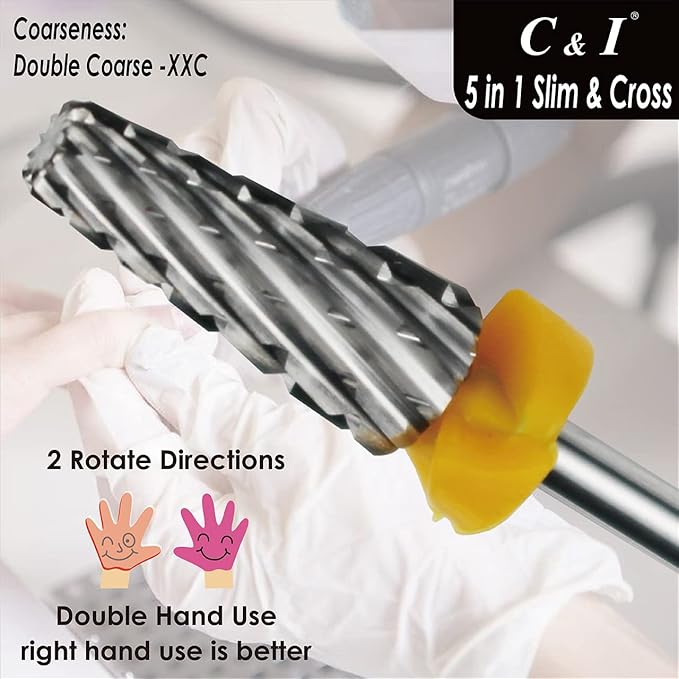 C & I 5 in 1 Nail Drill Bit, Cross & Slim Edition, Professional Nail Drills for Electric Manicure Drill Machine (Double Coarse -XXC)