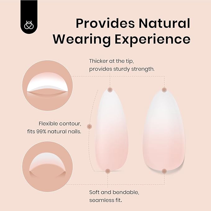 Beetles Ombre Short Almond Press on Nails 224 Pcs Gel Nail Tips, Pink Press ons Pre-applied Primer & Base Coat Glue on Nail Tips, No Need to File Fake Nails DIY Nails Gifts for Women