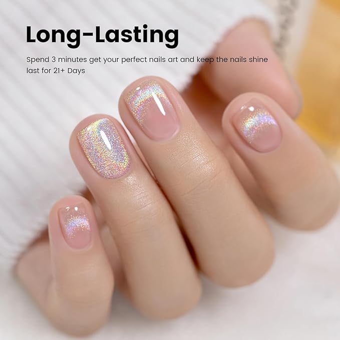 RARJSM Holographic Rainbow Cat Eye Gel Nail Polish with Magnet Stick Clear Silver Iridescent Glitter Sparkle 9D Cat Eye Gel Polish Soak off UV LED Curing Requires Soak Off Home Salon Diy Nail Art