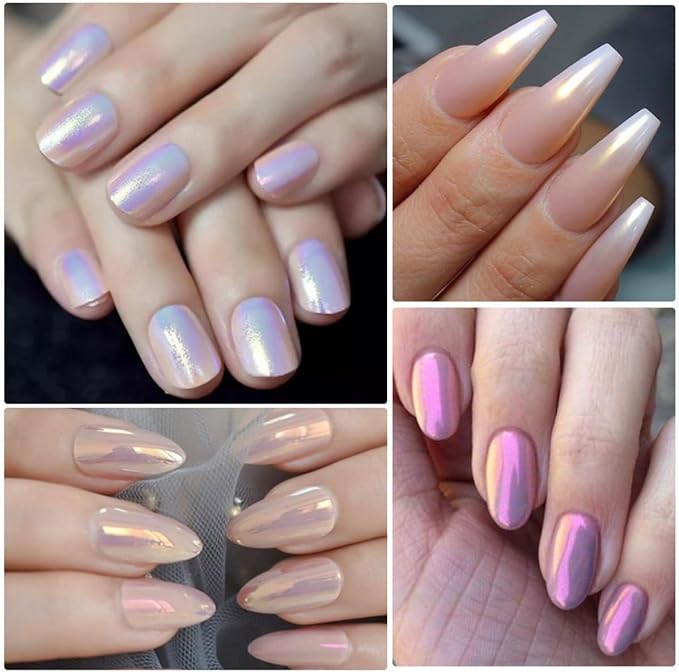 6 Colors White Pearl Chrome Nail Powder Mirror Effect Aurora Magic White Pearlescent Chrome Powder for Gel Nails, Iridescent Nail Powder Glitter for Nail Art Decoration