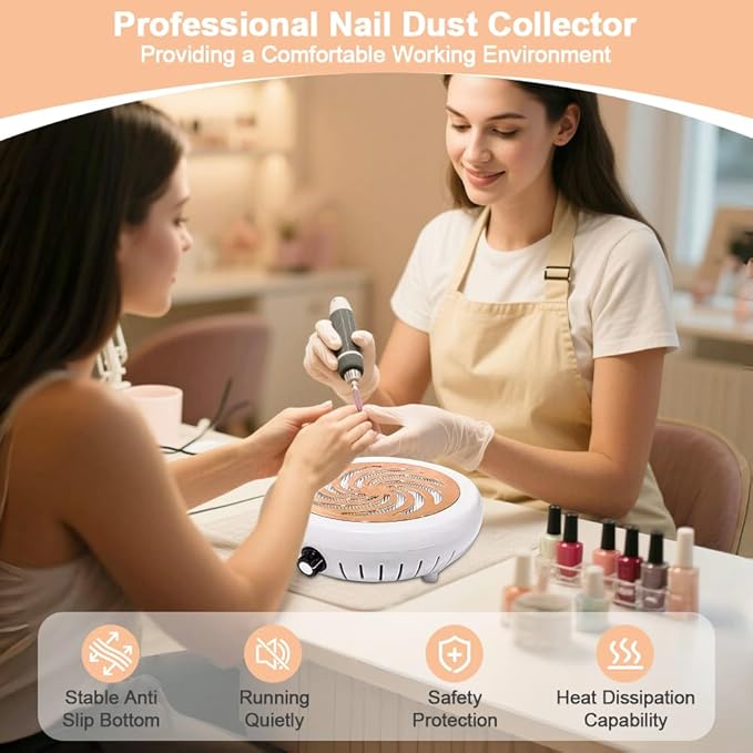 Nail Dust Collector with Cleaner Brush, Compact Nail Dust Collector for Beginner, Vacuum Nail Fan Dust Collector with Reusable Filter for Acrylic Nail Polishing, Salon, Home, Training Classes