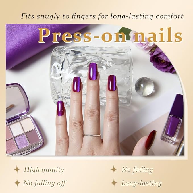 Blue Reflective Cat Eye Press on Nails Medium Square, Medium Square Press Glue on Nails Chrome for Women, Blue Holographic Glitter Glossy Reusable Gel Acrylic Fake Nail with Designs Cateye Effect