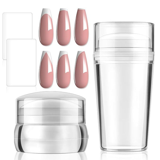 French Tip Tool- 4 Pcs Nail Stamper Kit Clear Silicone Nails Stamping Long & Short Jelly Stamper with Scrapers Nail Printing Tool for French Manicure Home DIY Nails Art Salon