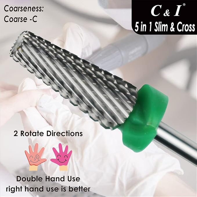 C & I 5 in 1 Nail Drill Bit, Cross & Slim Edition, Professional Nail Drills for Electric Manicure Drill Machine (Coarse -C)