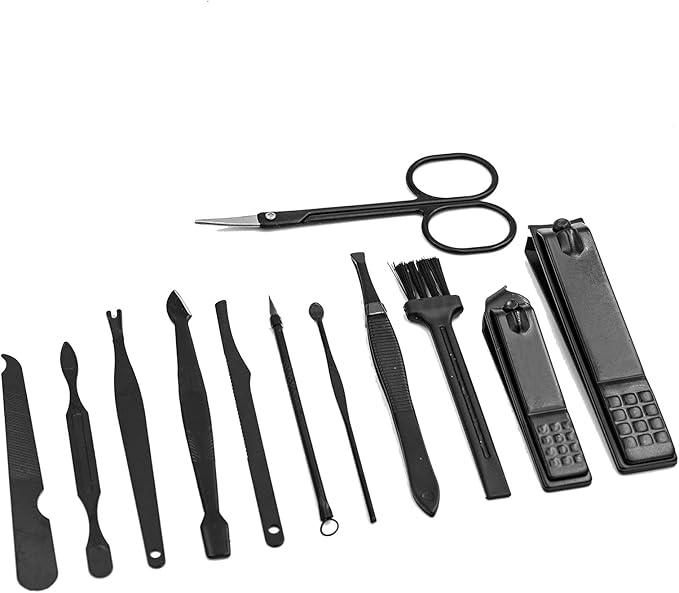 Nail Clipper Set, 12PCS Manicure Set Fingernail Clippers Kit Black Stainless Steel Pedicure and Manicure Kit with Grey PU Leather Case
