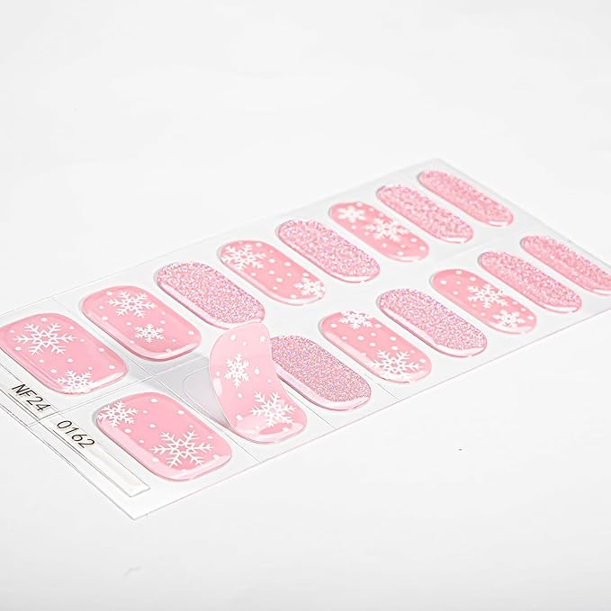 Christmas Semi Cured Gel Nail Strips, 16 Pcs Winter Xmas Gel Nail Stickers Snowflake Designs Pink Glitter Wraps for UV/Led Manicure Lamp Nails Art Decorations