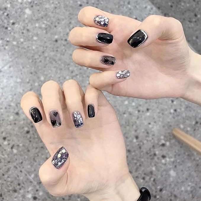 Holographic Nail Art Glitter Sequins, 3D Gold Black Glitter Flakes Nail Art Designs, Love Heart Butterfly Star Floral Acrylic Nails Supplies for Women Girls Manicure Decorations DIY Shiny Nails Crafts