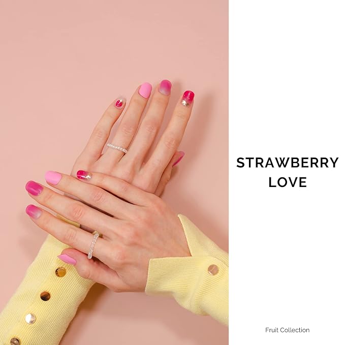 NAILOG Semi Cured Gel Nail Strips, 34 pcs Salon-Quality Gel Nail Stickers, Long Lasting Nail Wraps for Women with Soft Gel Finish | Strawberry Love