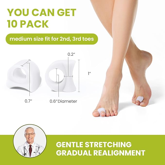 Bukihome Gel Toe Separators for Women -10 Pack Toe Spacers for Overlapping Toes, Bunions, Big Toe Alignment, Bunion Relief - Soft Silicone Toe Corrector for Men (Medium Size)