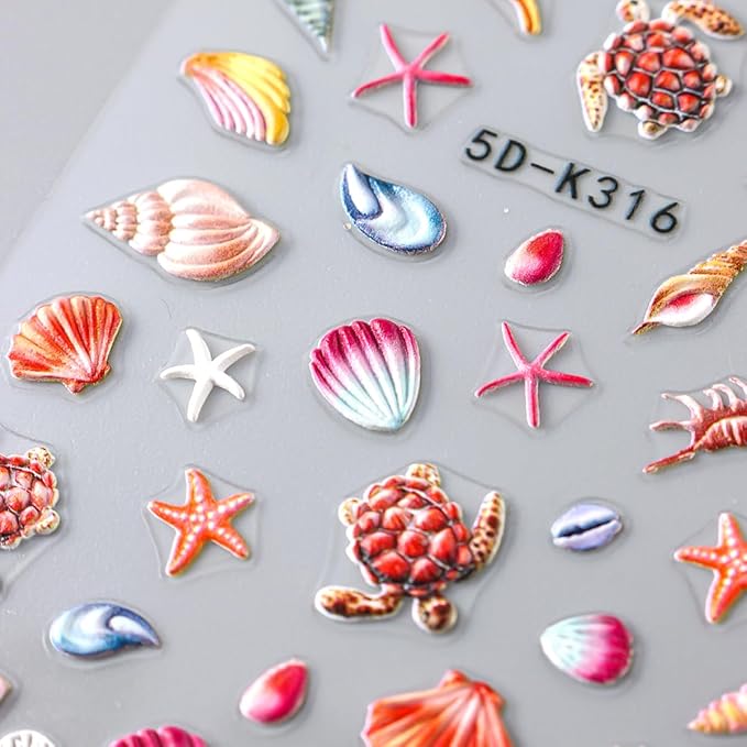 2pcs Summer Nail Stickers Starfish Seashell Turtle 5D Acrylic Engraved Nail Decals Ocean Theme Self-Adhesive Sliders Beach Nail Stickers for Women Girl Manicure Decoration Nails Supplies