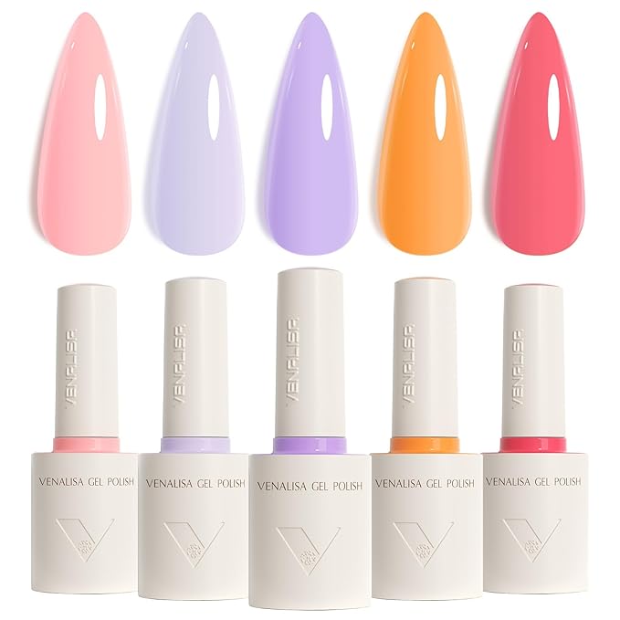 VENALISA Gel Nail Polish Set, 5 Colors 10ML Gel Polish Kit Purple Coral Pink Orange Color Soak Off Salon Manicure DIY at Home Nail Art For Girls Women
