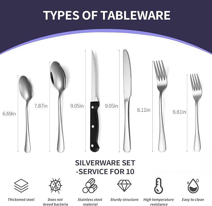 60-Piece Silverware Set with Steak Knives Stainless Steel Flatware Set - Image 3