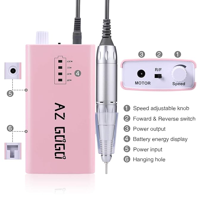 30000RPM Portable Nail Drill Machine, AZ GOGO Professional Rechargeable Electric Efile Nail Drill for Acrylic Nails, Manicure/Pedicure, Polishing, Cuticle - Salon or Home Use（Pink）