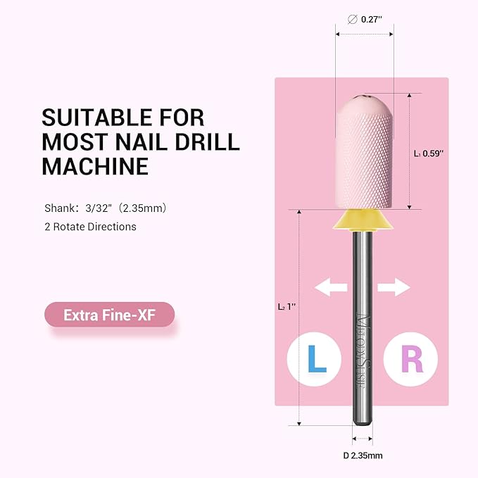 MelodySusie Ceramic Nail Drill Bit, 3/32'' Smooth Round Top Large Barrel Bits, Suitable for Manicure Pedicure Cuticle Gel Polishing, Beginners Bits, Pink, Series Bit-S, Extra Fine