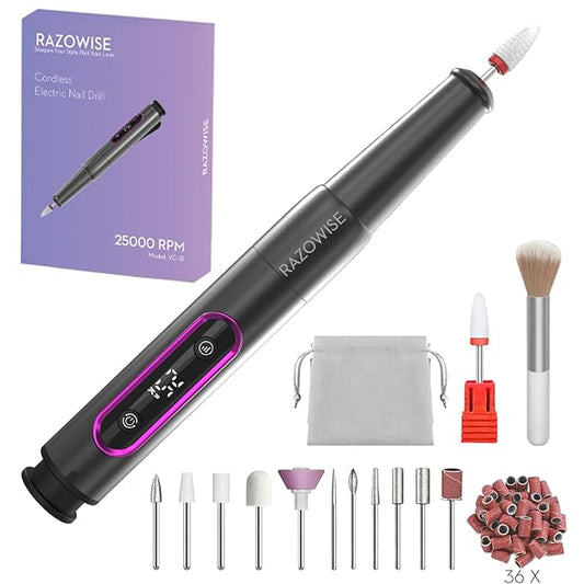 Nail Drill Electric File: Professional for Acrylic Gel Powder Nails Portable Nail Drill for Manicure Pedicure Nail Efile 5 Speeds 12 in 1 with LED Display Rechargeable, Grey