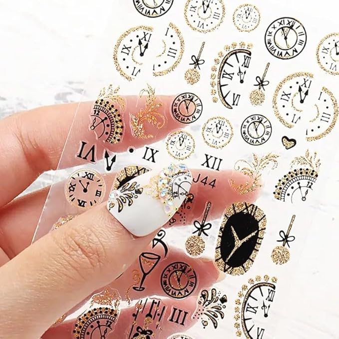 Christmas Nail Art Stickers Gold Glitter Clock Butterfly Xmas Nail Decals 6PCS Shiny Clock Crystal Ball Deer Penguins Design Self-Adhesive Christmas Nail Stickers for Women Holiday Nail Art Decoration