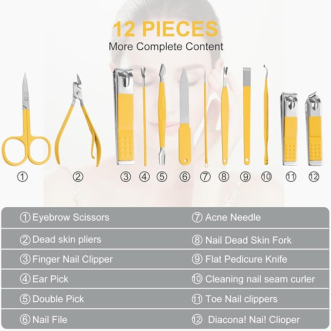 Nail Kit, Manicure Kit, Nail Care Kit for Women, Manicure Pedicure Set, Nail Clippers Toenail Clippers Kit, Professional Manicure Kit Pedicure Kit, Yellow Travel Case, Set of 12.