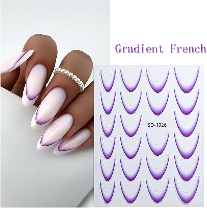 12Sheets Gradient French Line Nail Stickers, Colorful Stripes Line Transfer Decals Curved Lines Nail Art Designs Self-Adhesive Nail Tips Guides Fashion Nail Accessories Gel Polish Wraps Stencil Tools