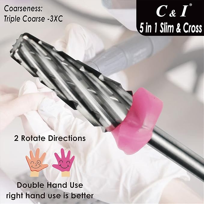 C & I 5 in 1 Nail Drill Bit, Cross & Slim Edition, Professional Nail Drills for Electric Manicure Drill Machine (Triple Coarse -3XC)