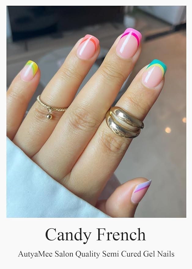 Semi Cured Gel Nail Strips (Candy French), Macaron, 20 Pcs Gel Nail Wraps, Stickers, UV Light Required, Salon Quality, Long Lasting