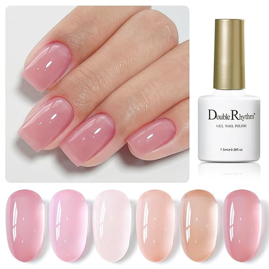 Double Rhythm Gel Nail Polish Set of 6 Colors Baby Light Pastel Milky Nail Polish Starter Kit Art DIY Salon Home (Jelly Sheer White Pink Nude,Kit 38)