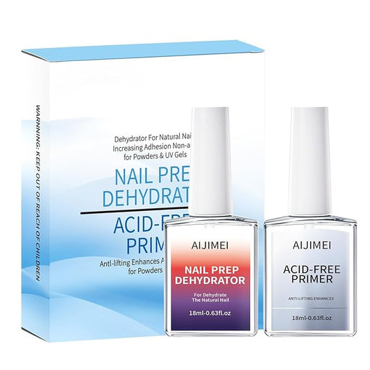 AIJIMEI Professional Natural Nail Prep Dehydrator and Acid Free Primer For Acrylic False Nail Tips Bond Base Coat Gel Nail Polish and Quick Drying Adhesive Dehydration Set（18ml/0.63fl.oz