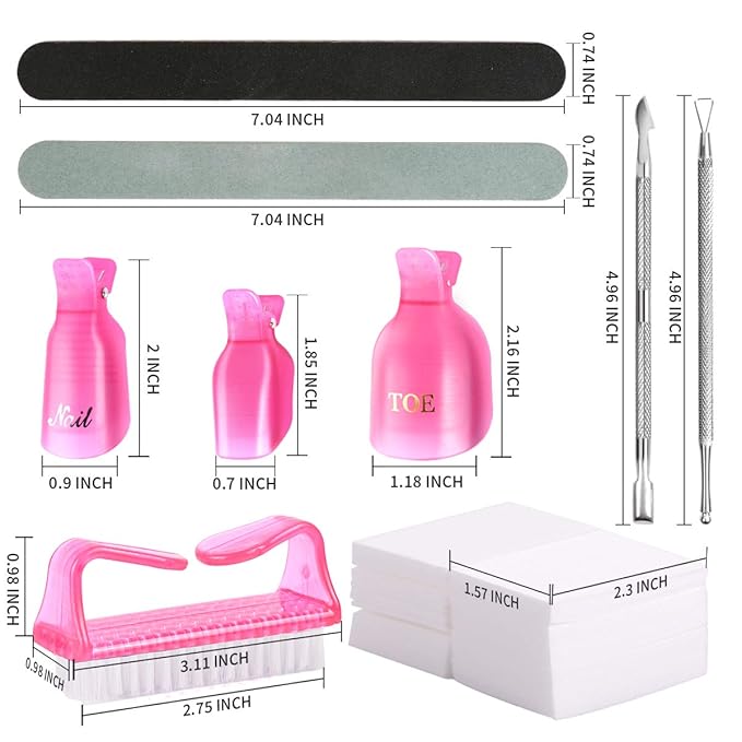 Teenitor Nail Polish Gel Remover Tool Kit With Soak Off Clips, Cuticle Pusher Peeler Scraper, Remove Pads, Files, Buffer Block, Pink Nail Brush