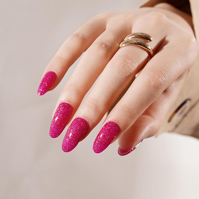 Semi Cured Gel Nail Strips, 20pcs Sparkling Berry Pink Gel Nail Stickers - Works with Any UV Lamps, Long Lasting Full Wraps, Easy to Apply and Remove