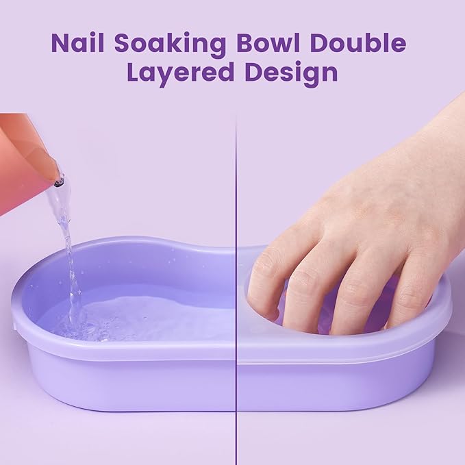 Quaferen Dual Nail Soaking Bowl: 3nd Generation 2-in-1 Manicure Bowl Acetone Proof for Women, Time-Saving Soak Off Gel Nail Polish Dip Powder Acrylic Removal Kit for Salon Home (Normal Size,Purple)