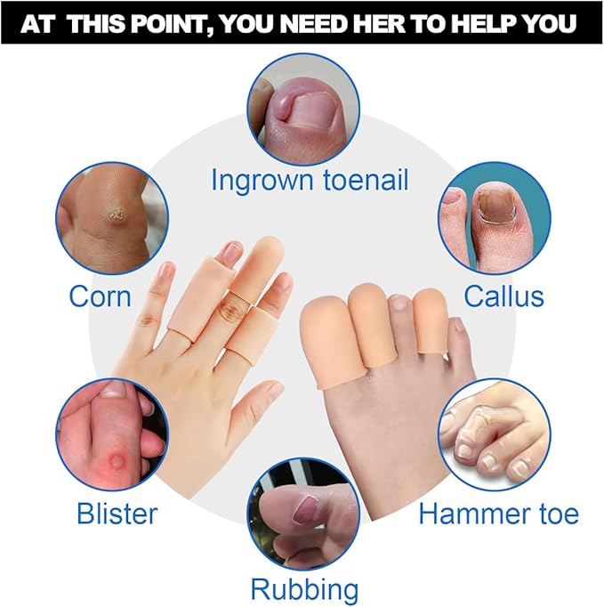 4 Pack Gel Toe Cap and Protector for Small Toe - Cushions and Protects, Toe Covers for Women & Men, Provides Relief from Missing or Ingrown Toenails, Corns, Blisters, Hammer Toes (Small, Beige)