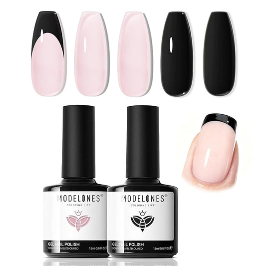 modelones French Tip Gel Nail Polish Set 2 Pcs 15ml Black and Milky Pink French Manicure Kit Sheer Pink Soak Off U V LED Jelly Base Color Gel Polish Nail Art Home DIY Gift for Women
