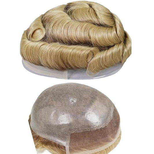Human Hair Toupee for Men 10x8 Inch,European Human Hair Lace Front Natural Hairline Hair Pieces with 0.06mm Thin Skin PU V-looped Men's Hair Replacement System (#4T613 color,100% human hair)
