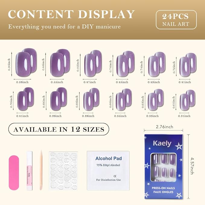 Lavender Purple Cat Eye Press on Nails Medium Square, Medium Square Press Glue on Nails Chrome for Women, Purple Holographic Glitter Glossy Reusable Gel Acrylic Fake Nail with Design Cateye Effect