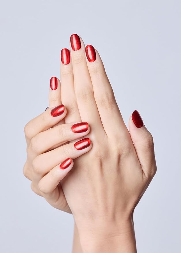 ohora Semi Cured Gel Nail Strips (N Red Chrome) - Red, Chrome, Works with Any UV/LED Lamps, Salon-Quality, Long Lasting, Easy to Apply & Remove - Includes 2 Prep Pads, Nail File & Wooden Stick